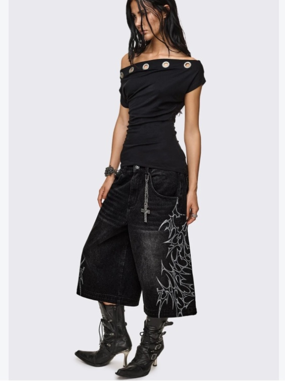 Graphic Cotton Denim Pants with chains and studs - NWT, size 11 (waist 30”)